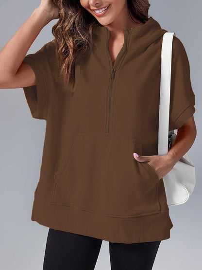 2026 Women's Oversized Casual Half Zip Short Sleeve Pullover Tops with Pockets