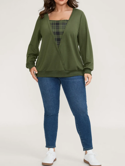 Plaid Spliced Fake Two Piece Square Neck Long Sleeve Top