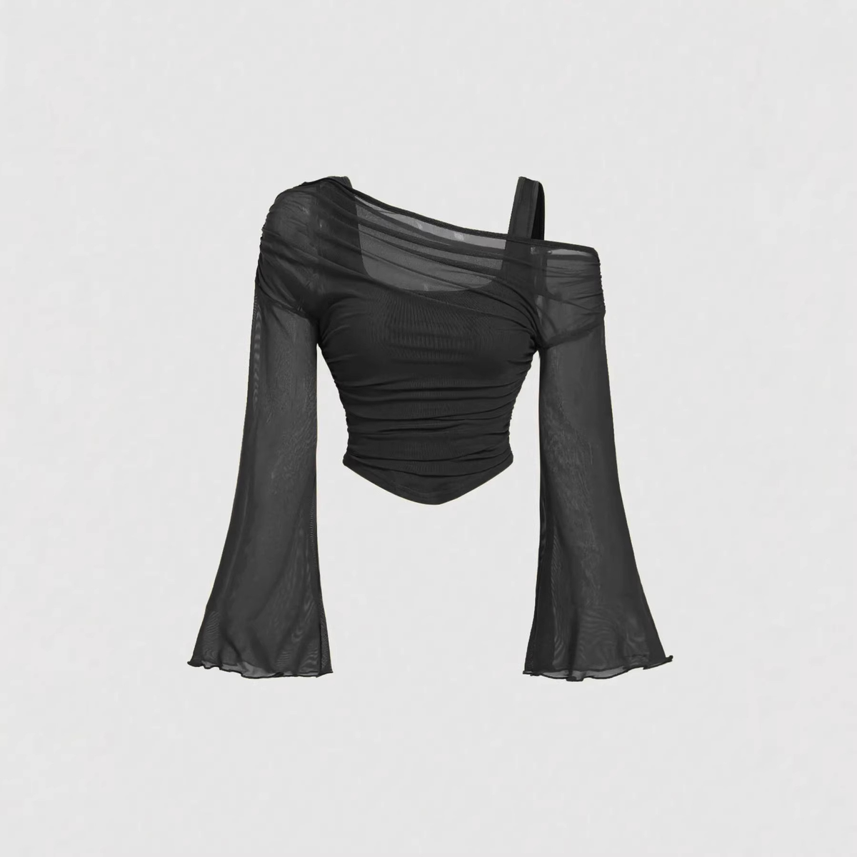 Ruched Sheer Mesh Off-Shoulder Top