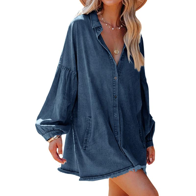 Women's Oversized Distressed Denim Button-Down Shirt Tunic Dress（buy 2 free shipping）