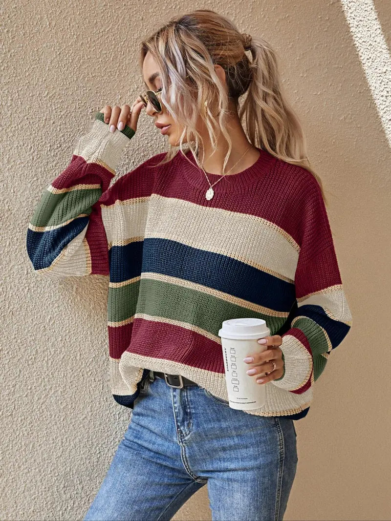 Color Block Striped Knit Sweater, Drop Shoulder Loose Long Sleeve Jumper for Fall Winter
