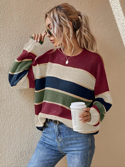 Color Block Striped Knit Sweater, Drop Shoulder Loose Long Sleeve Jumper for Fall Winter