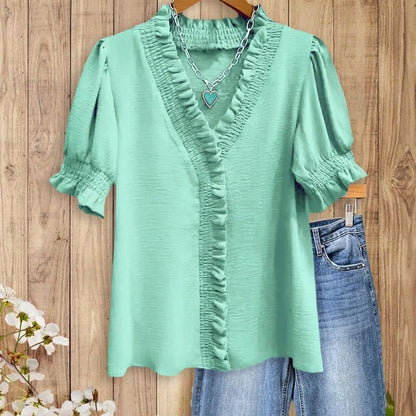 Womens Smocked Ruffle Trim V-Neck Blouse