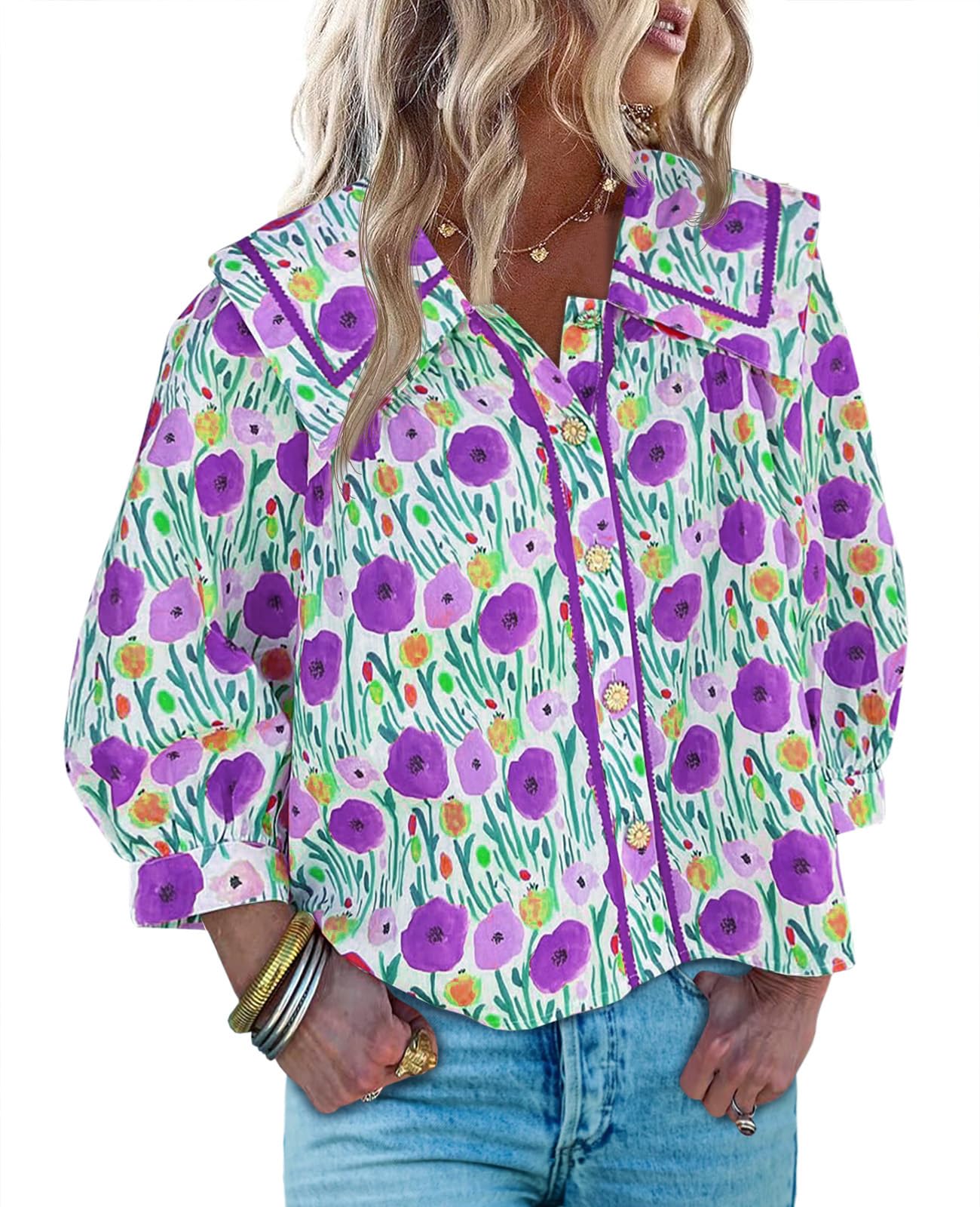 HOT SALE Women's Floral Collared 3/4 Lantern Sleeve Button Down Shirt
