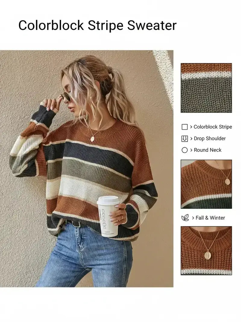 Color Block Striped Knit Sweater, Drop Shoulder Loose Long Sleeve Jumper for Fall Winter