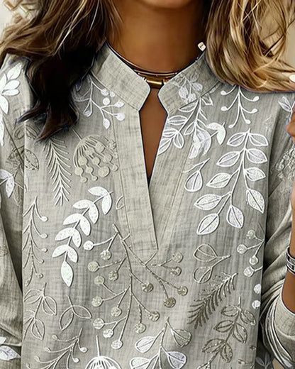 Vintage Botanical Leaf Print Notch Collar Long Sleeve Blouse