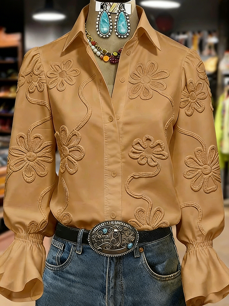 Elegant Textured Flower Bell Sleeve Button Up Blouse(BUY 2 FREE SHIPPING)