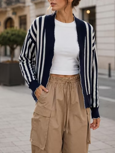 Women Striped Scalloped Trim Open Front Knit Cardigan