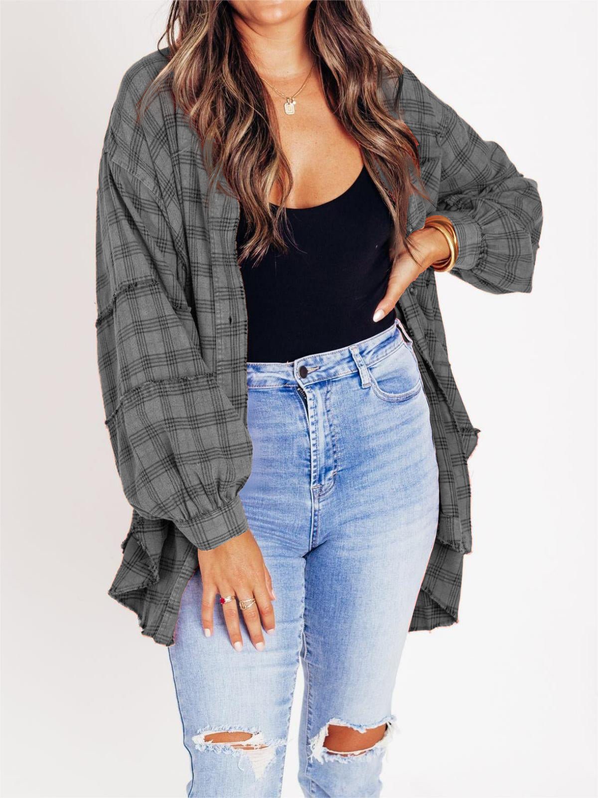 Women's Mineral Washed Button Down Plaid Flannel Shirt (Buy 2 Free Shipping)