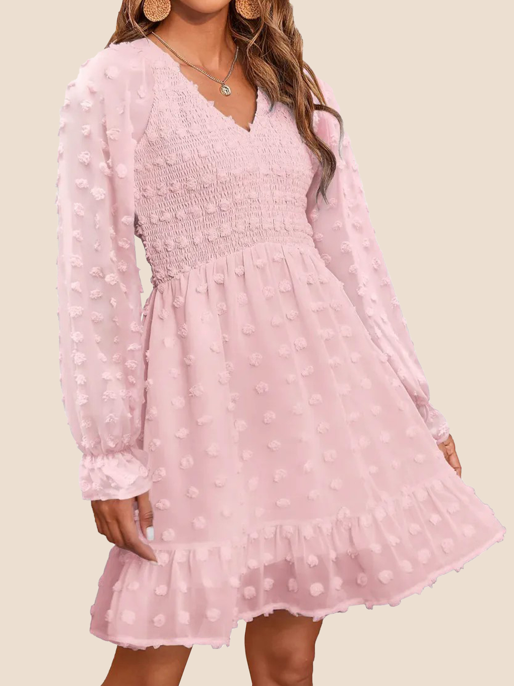 Women's Spring V Neck Swiss Dot Chiffon Mini Dress (Buy 2 Free Shipping)