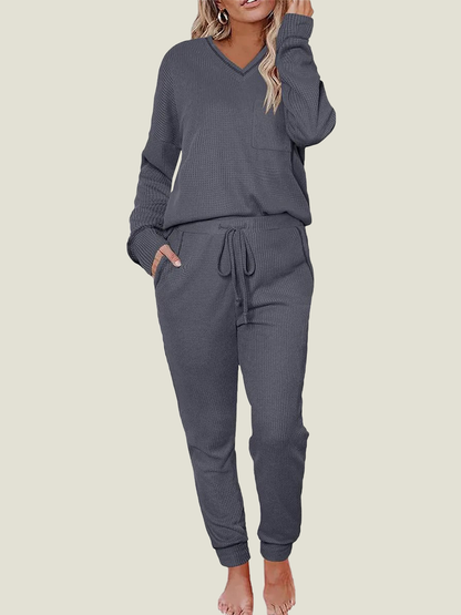 Women's V Neck Waffle Knit Two Piece Lounge Sets (Buy 2 Free Shipping)