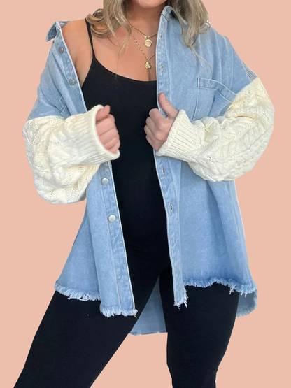 🔥🔥🔥🔥Cozy Sweater Sleeve Denim Shacket (Buy 2 Free Shipping)