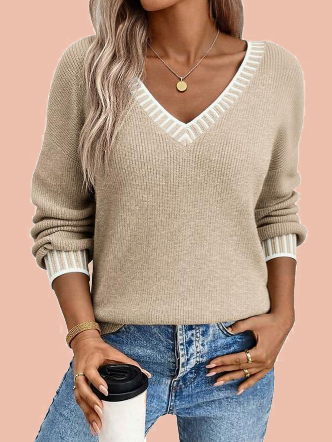 Women's V neck Long Sleeve Pullover Sweaters (Buy 2 Free Shipping)