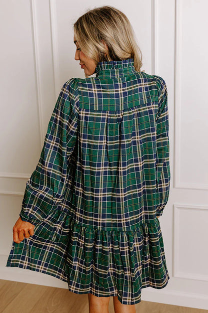 Women's Plaid Print Frilly Collar Long Sleeve Mini Dress (Buy 2 Free Shipping)