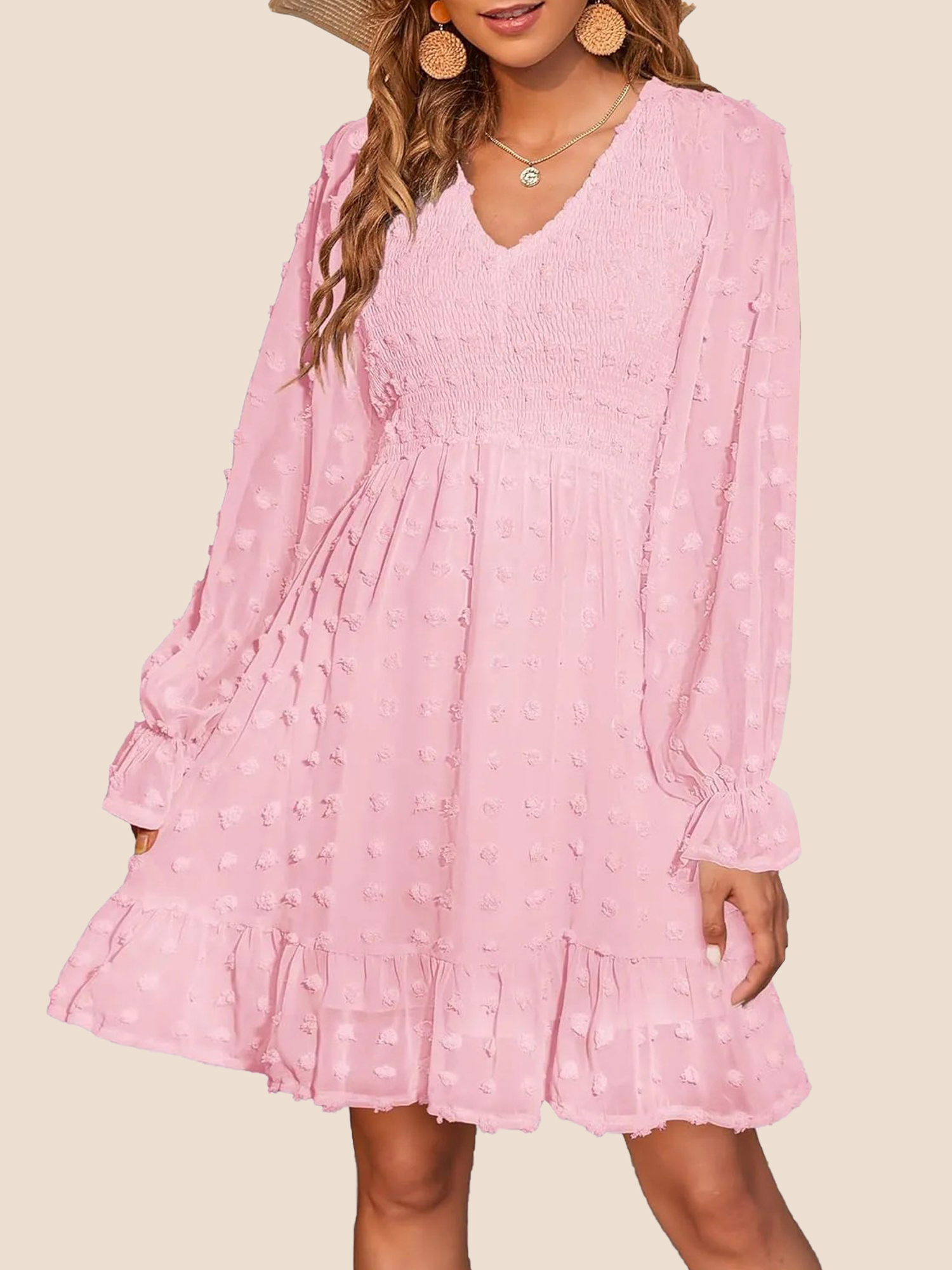 Women's Spring V Neck Swiss Dot Chiffon Mini Dress (Buy 2 Free Shipping)