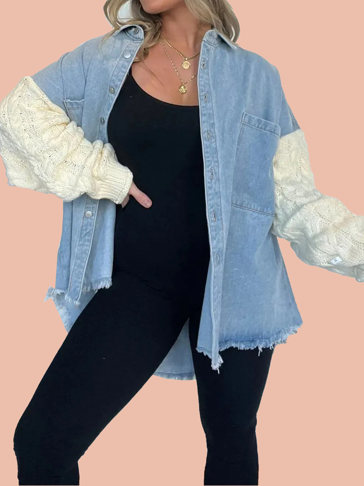 Cozy Sweater Sleeve Denim Shacket (Buy 2 Free Shipping)