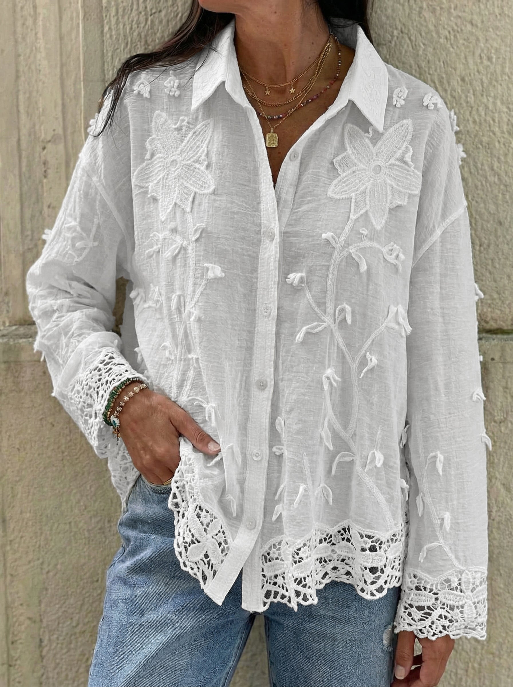 Cotton and linen collared 3D embroidered shirt（BUY 2 FREE SHIPPING)