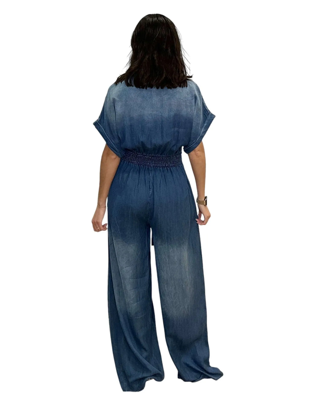 Casual Bat Sleeve Tie-Waist Tencel Denim Wide-Leg Jumpsuit