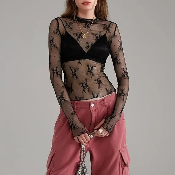 Women Long Sleeve Tops Sheer Lace Basic Shirt Casual Pullover for Fall Club Streetwear Aesthetic Clothes(Buy 3 Free Shipping)