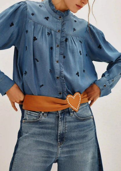 Women's straight-cut long-sleeved round neck ruffled Tencel denim shirt（buy 2 free shipping)