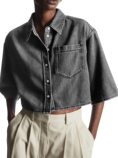 Women's Cropped Oversized Short Sleeve Denim Shirt