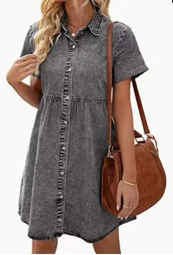 Women's Short Sleeve Button Down Flowy Tiered Babydoll Denim Dress（Buy 2 Free Shipping）