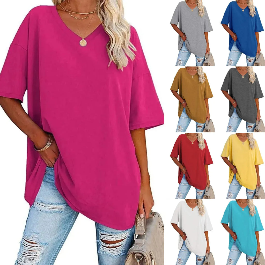 WOMENS LOOSE FASHION V-NECK TOP SHORT & LONG OPTION