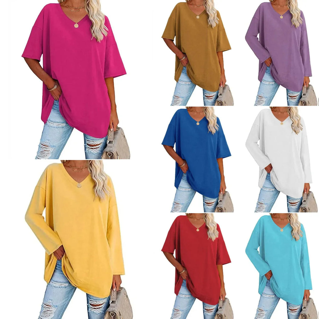 WOMENS LOOSE FASHION V-NECK TOP SHORT & LONG OPTION