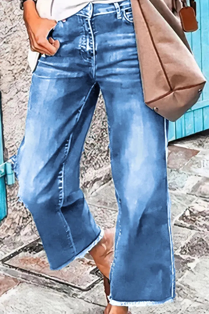 Midiross Washed Raw Hem Mid Waist Straight Leg Jeans(buy 2 free shipping)