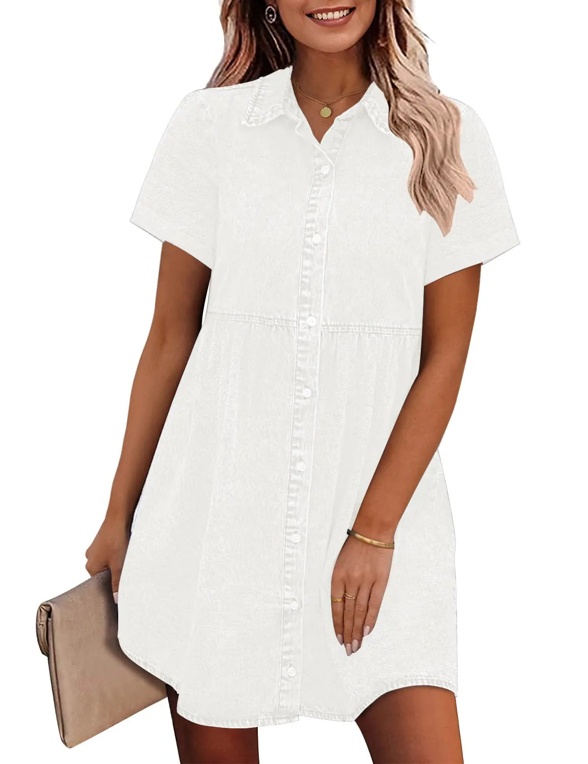 Women's Short Sleeve Button Down Flowy Tiered Babydoll Denim Dress（Buy 2 Free Shipping）