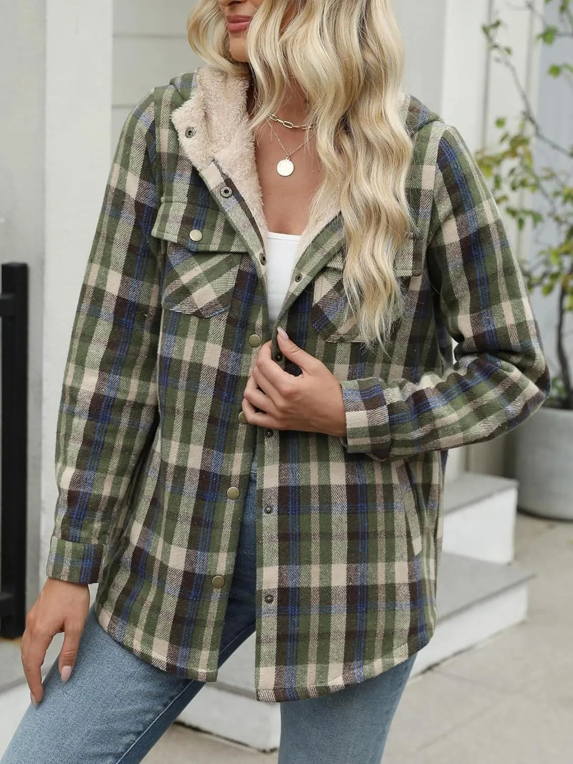 ⏰Hot Sale-Women's Thickened Flannel Long Sleeve Plaid Jacket Coat with Hood