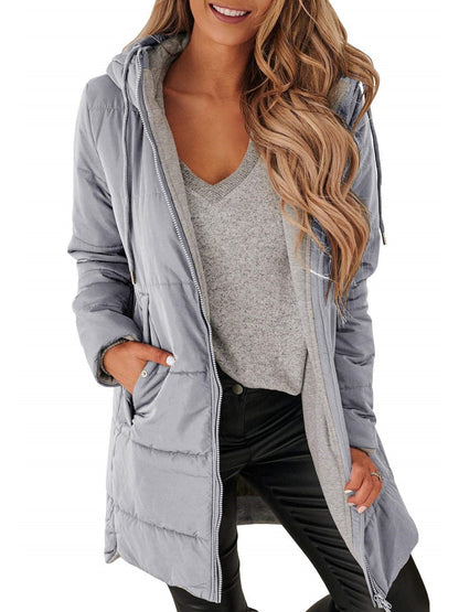 Women Hooded Drawstring Mid Puffer Coat
