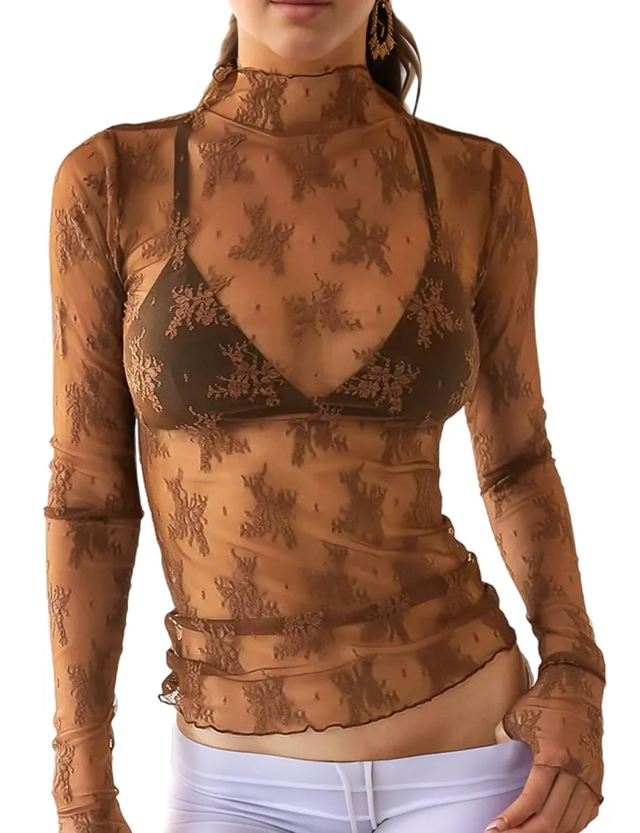 Women Long Sleeve Tops Sheer Lace Basic Shirt Casual Pullover for Fall Club Streetwear Aesthetic Clothes(Buy 3 Free Shipping)