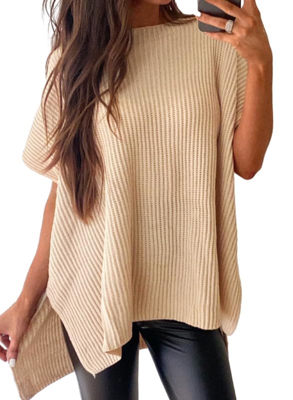 Women Loose Batwing Side Split Ribbed Knit Short Sleeve Blouse
