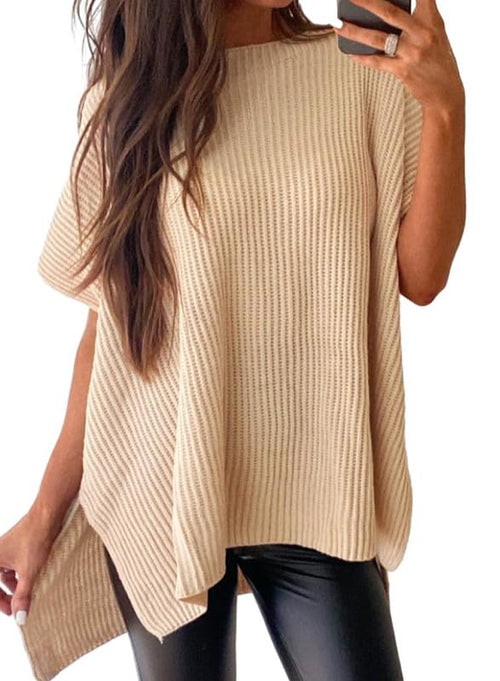 Women Loose Batwing Side Split Ribbed Knit Short Sleeve Blouse
