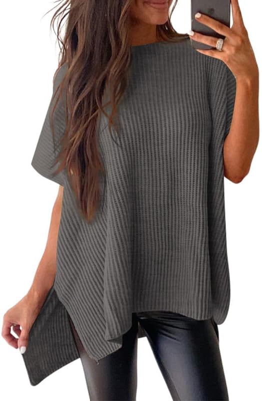 Women Loose Batwing Side Split Ribbed Knit Short Sleeve Blouse