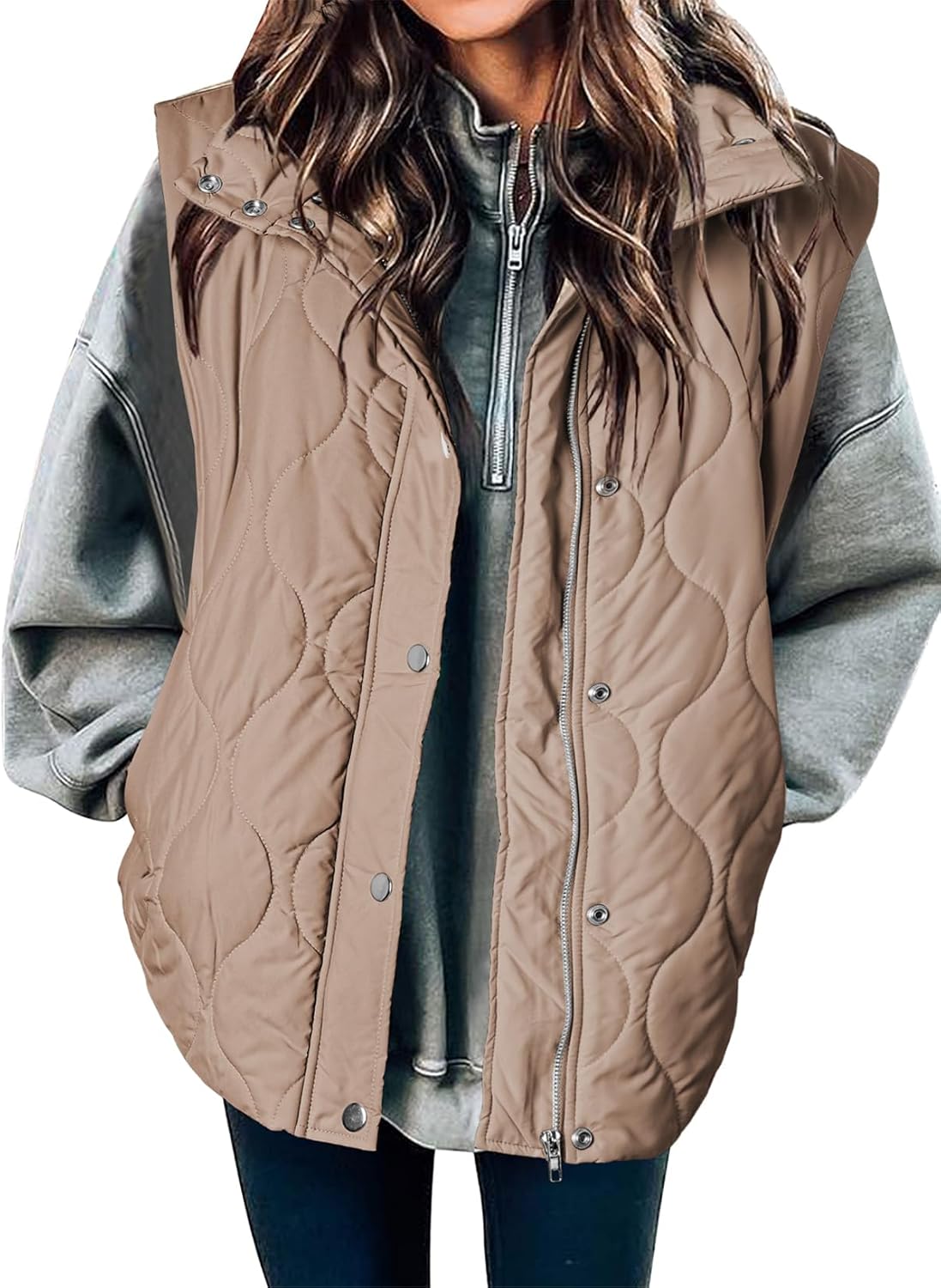Quilted Zip Button Sleeveless Puffer Vest