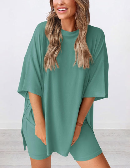 Women's Round Neck Side Slit Short Sleeve Top Tight Shorts Set