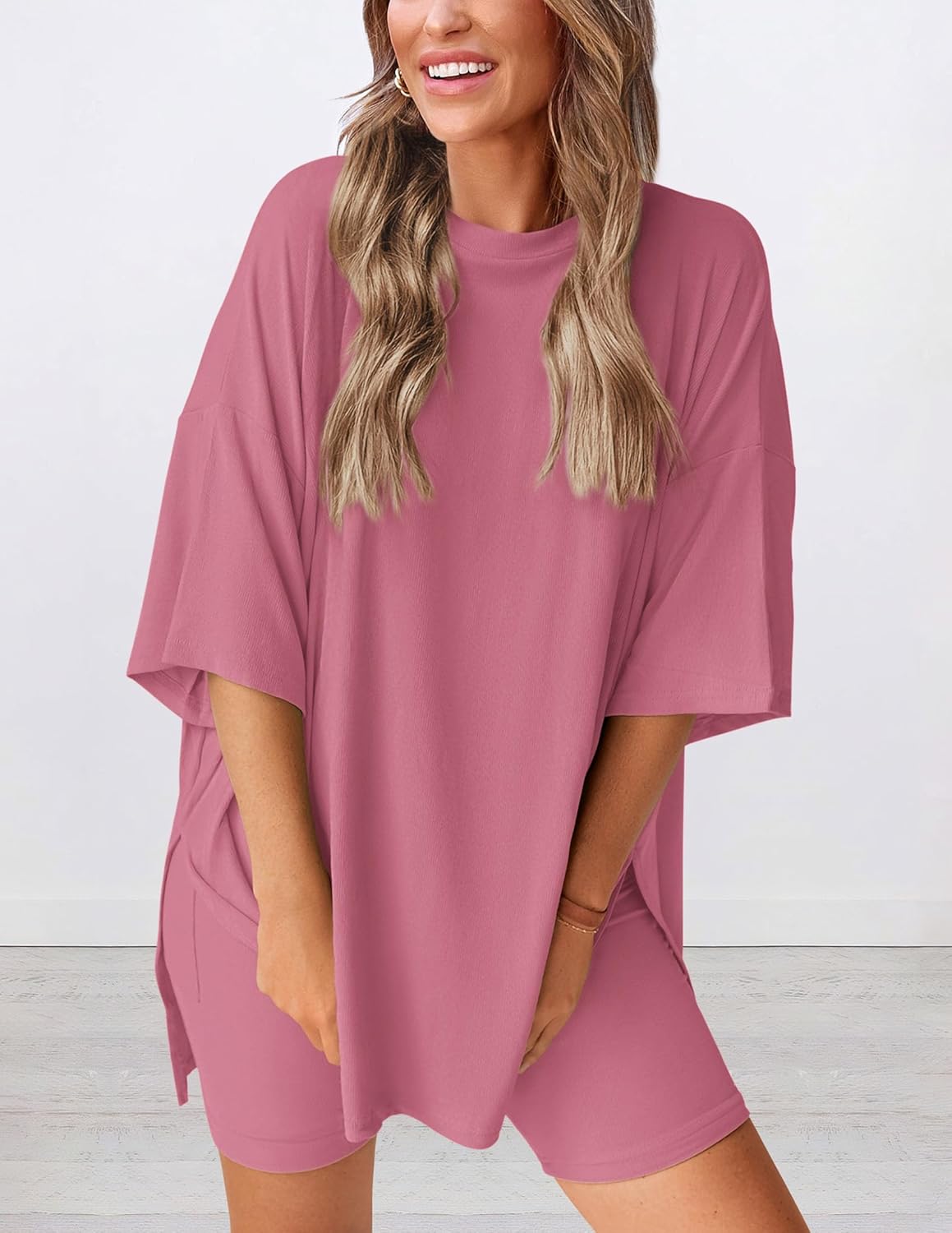 Women's Round Neck Side Slit Short Sleeve Top Tight Shorts Set