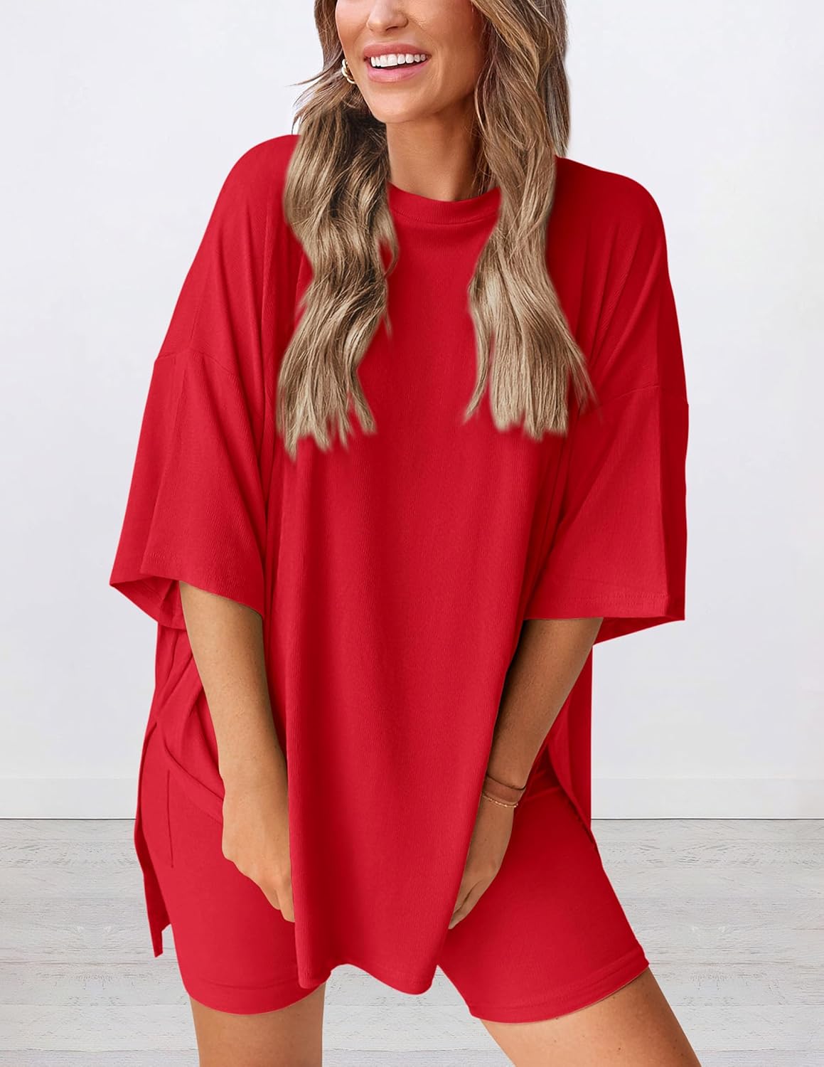 Women's Round Neck Side Slit Short Sleeve Top Tight Shorts Set