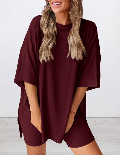 Women's Round Neck Side Slit Short Sleeve Top Tight Shorts Set