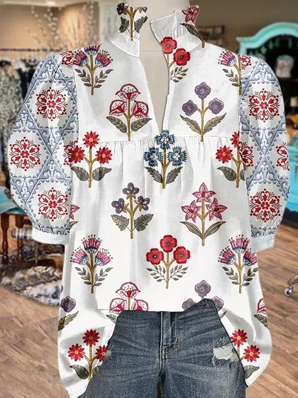 Women's V Neck Puff Sleeve Floral Print Blouse (Buy 2 Free Shipping)