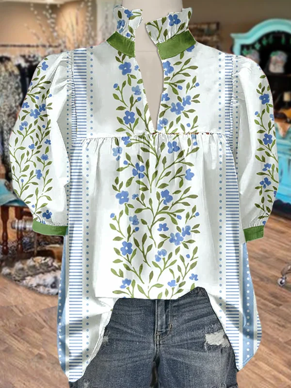 Women's V Neck Puff Sleeve Floral Print Blouse (Buy 2 Free Shipping)