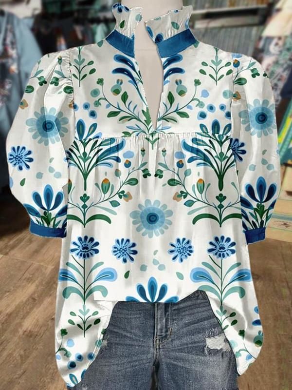 Women's V Neck Puff Sleeve Floral Print Blouse (Buy 2 Free Shipping)