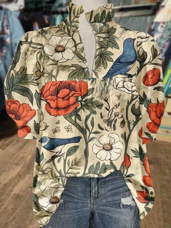 Women's V Neck Puff Sleeve Floral Print Blouse (Buy 2 Free Shipping)