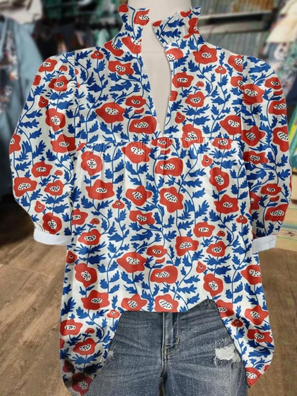 Women's V Neck Puff Sleeve Floral Print Blouse (Buy 2 Free Shipping)