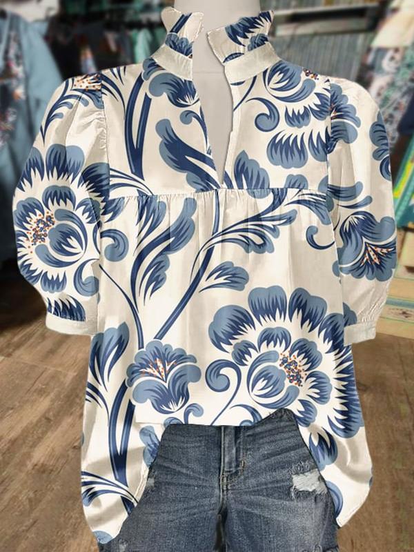 Women's V Neck Puff Sleeve Floral Print Blouse (Buy 2 Free Shipping)