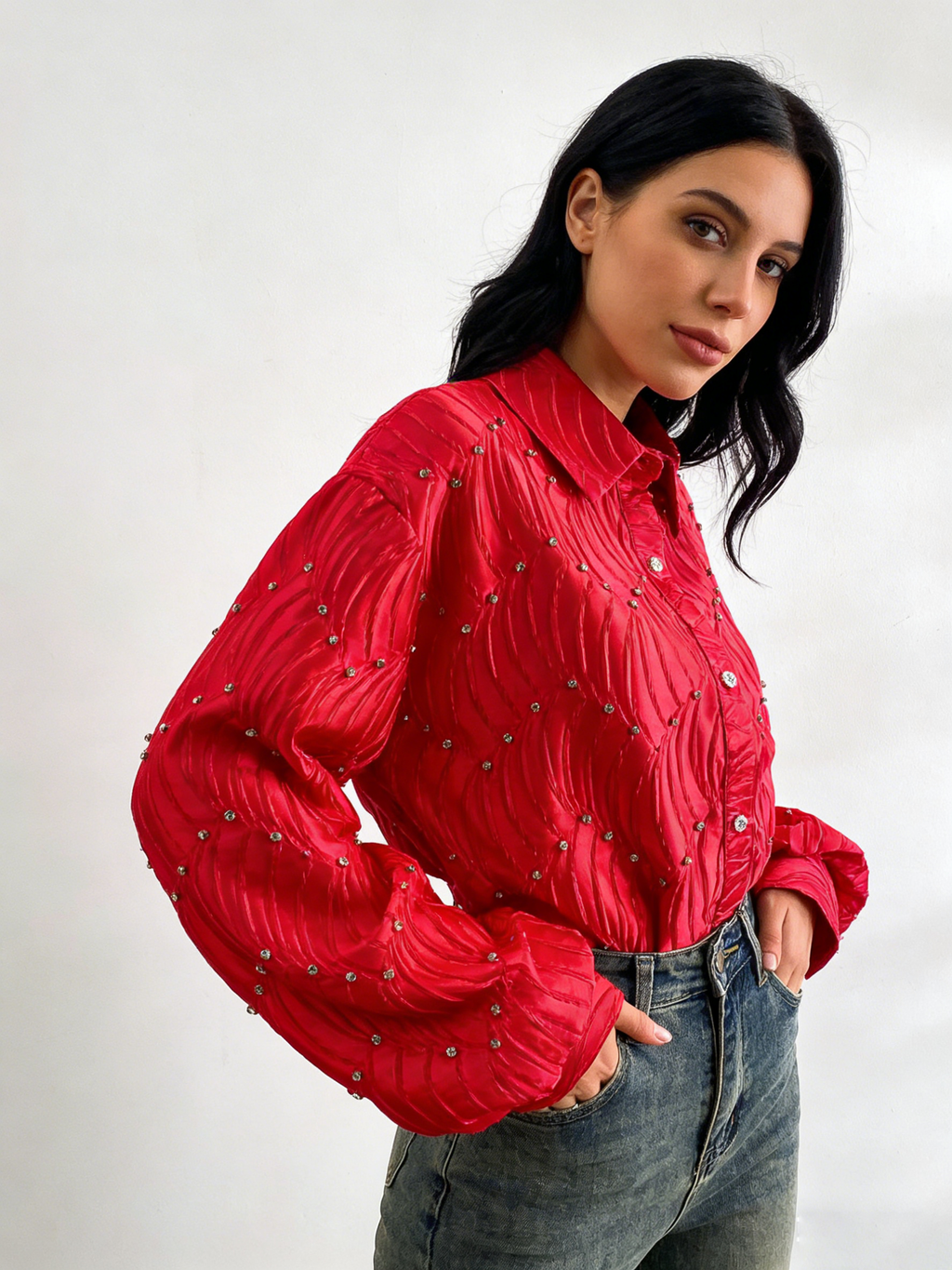 Silk satin textured water ripple pleated loose-fitting rhinestone long-sleeved shirt（BUY 2 FREE SHIPPING)