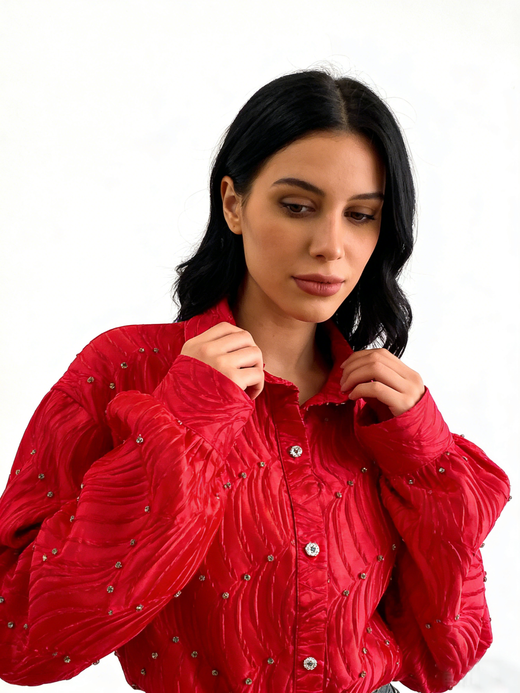 Silk satin textured water ripple pleated loose-fitting rhinestone long-sleeved shirt（BUY 2 FREE SHIPPING)