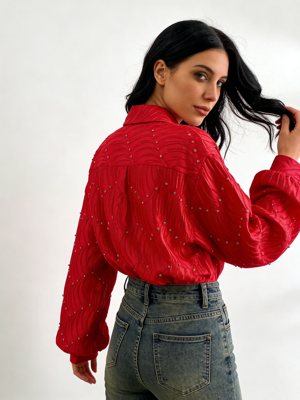 Silk satin textured water ripple pleated loose-fitting rhinestone long-sleeved shirt（BUY 2 FREE SHIPPING)